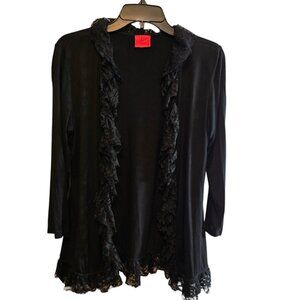 V CRISTINA BLACK OPEN RUFFLE CARDIGAN SWEATER SIZE LARGE LIGHTWEIGHT